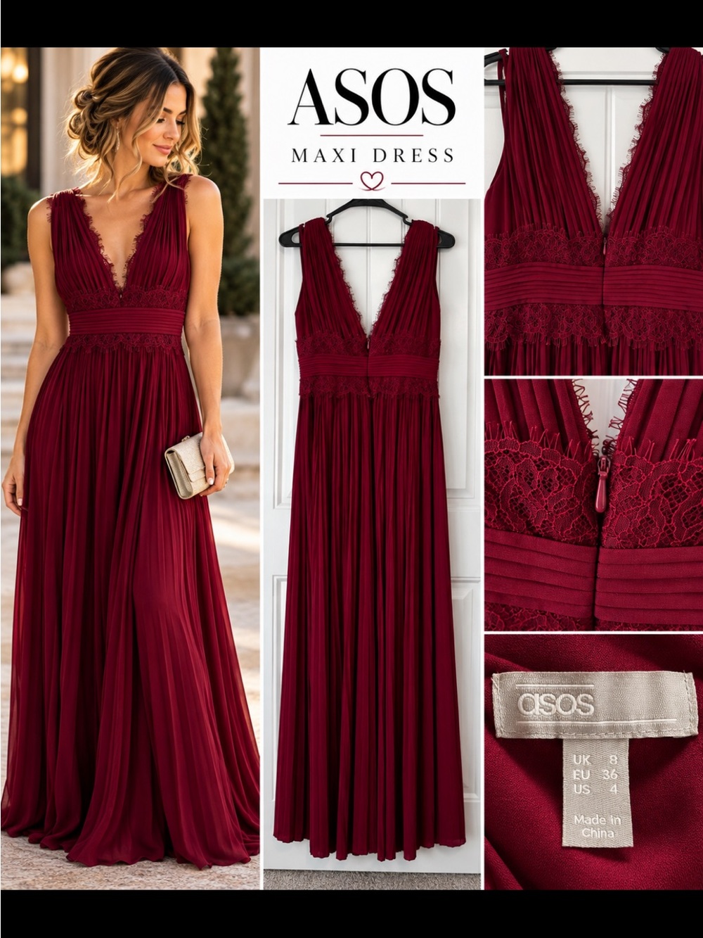 ASOS Burgundy Lace-Trim V-Neck Maxi Dress